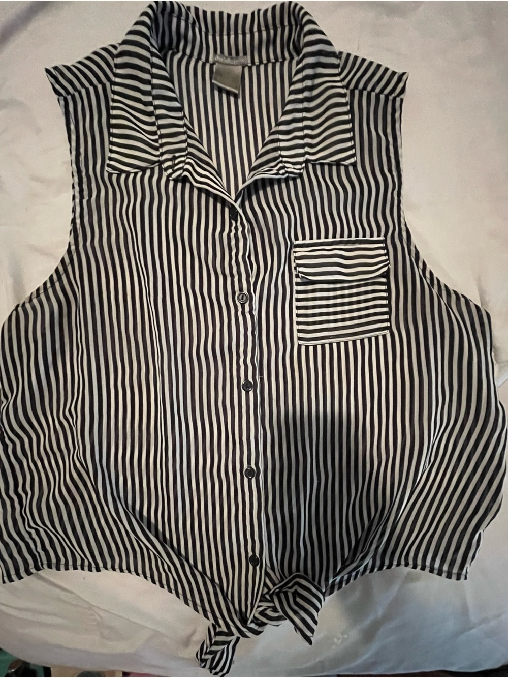 Striped Black & White Sleeveless Button-Down Tie Hem Shirt